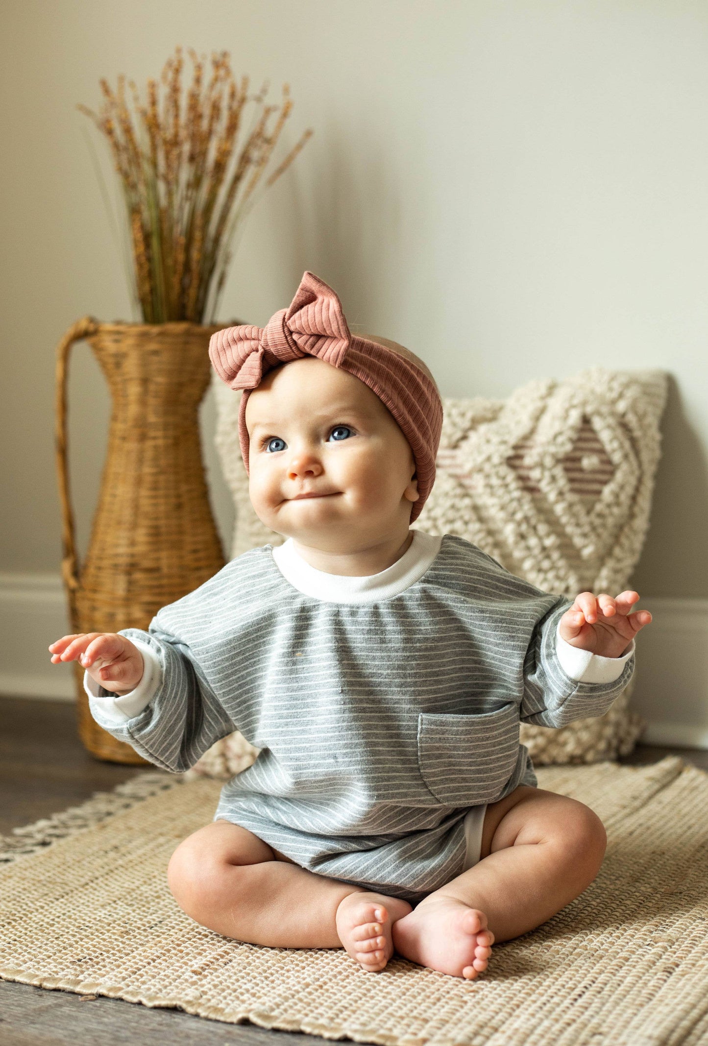 Oversized Bubble Romper Soft and Stretchy Organic: Gray Strips