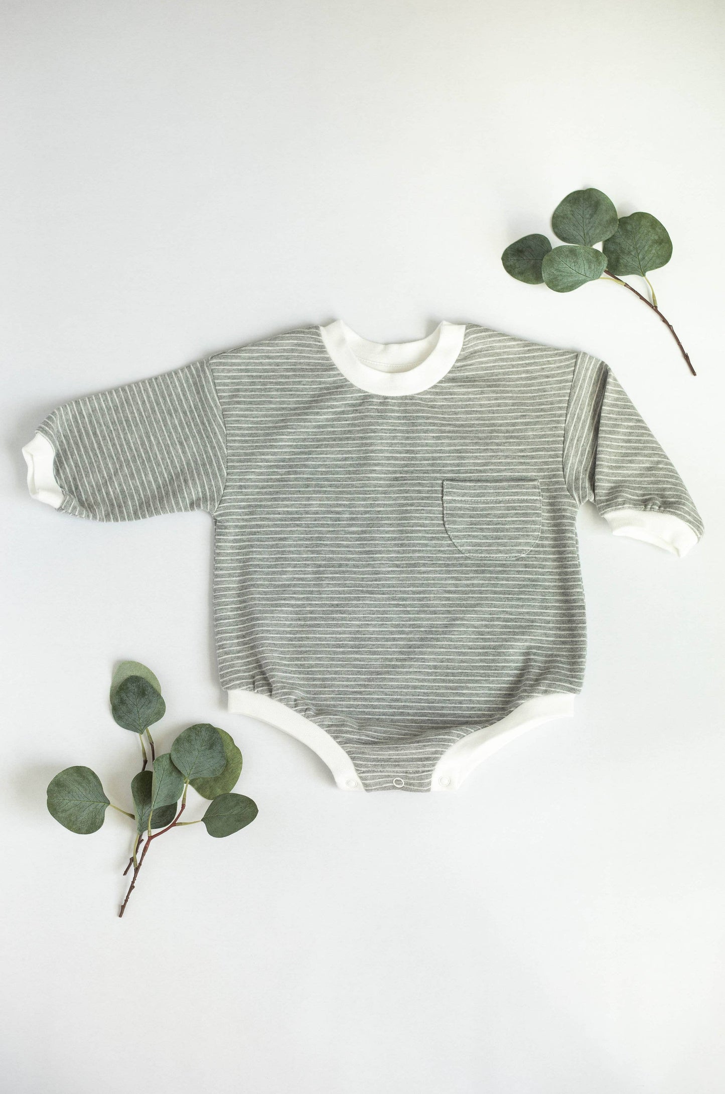 Oversized Bubble Romper Soft and Stretchy Organic: Gray Strips