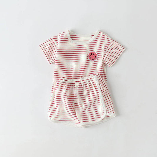 Baby Smiley Patched Pattern Striped Set: Red