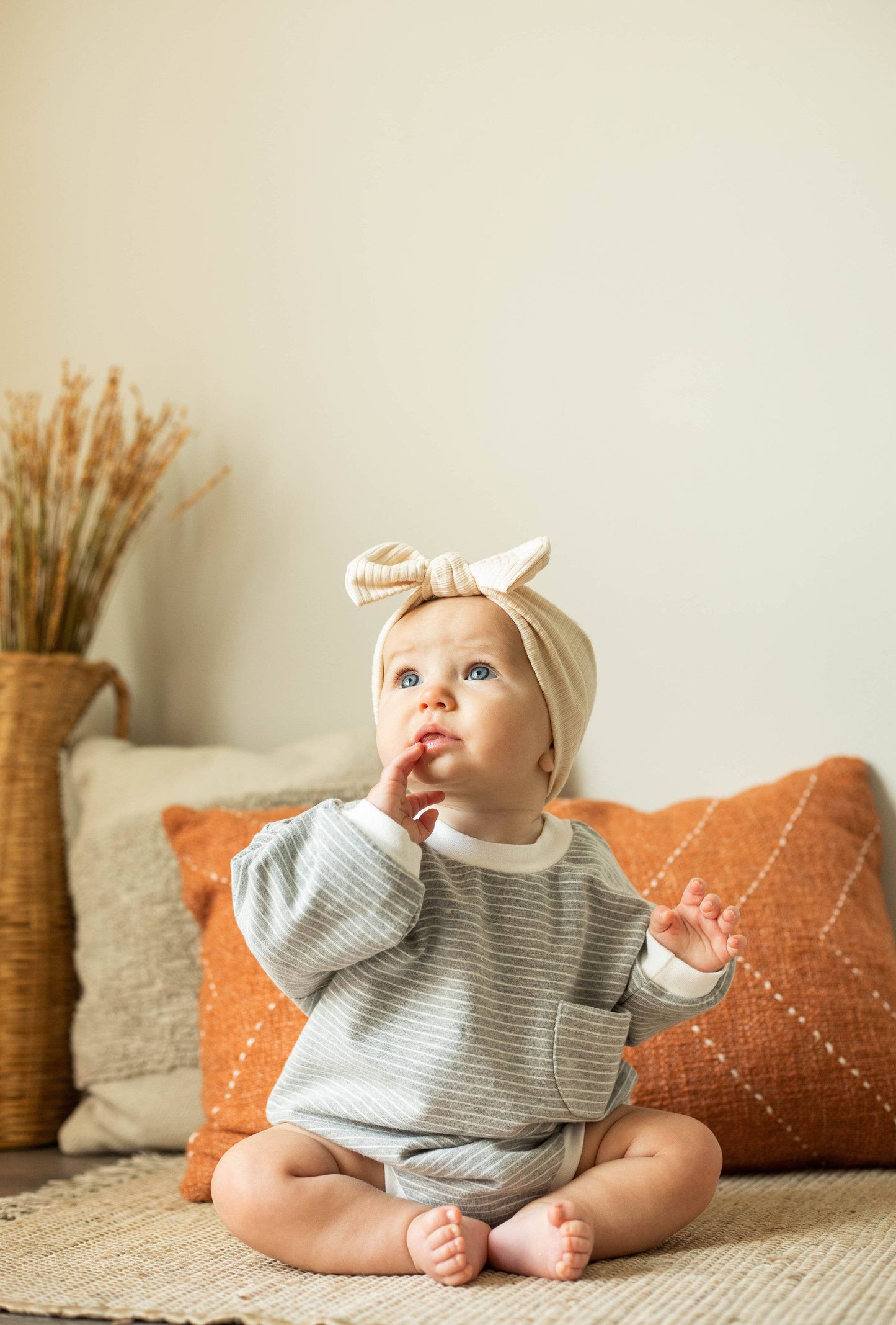 Oversized Bubble Romper Soft and Stretchy Organic: Gray Strips