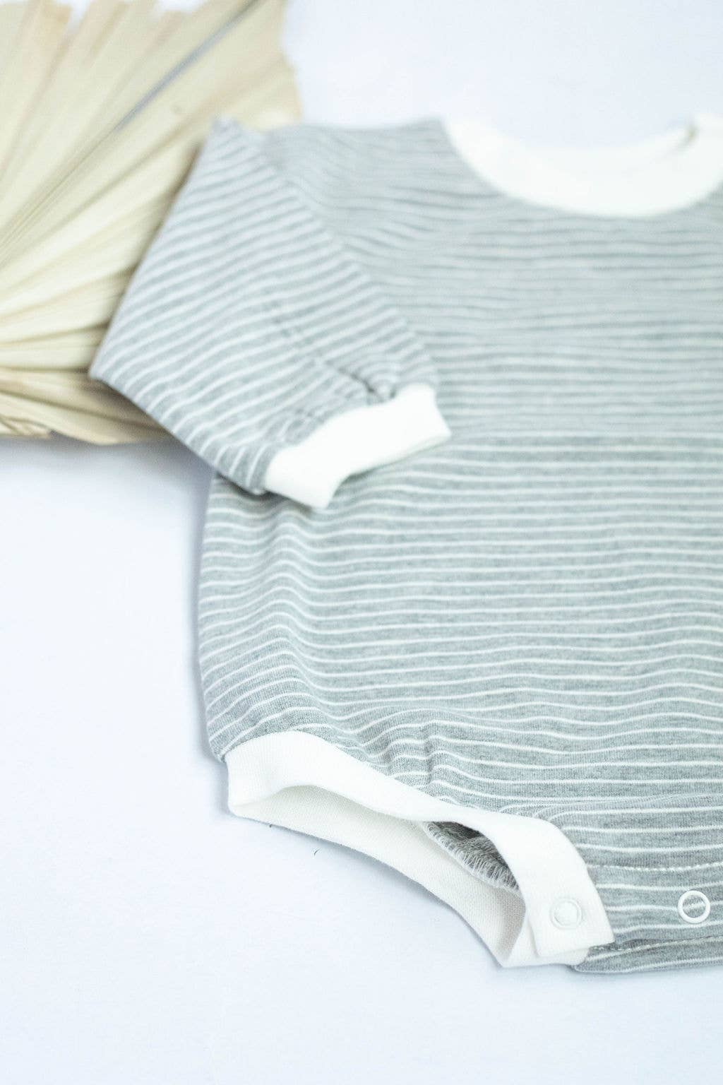 Oversized Bubble Romper Soft and Stretchy Organic: Gray Strips